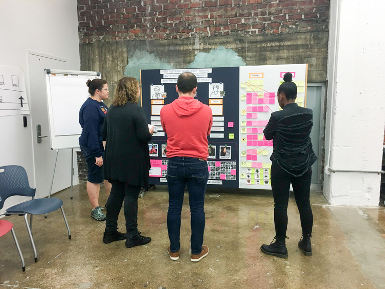 Master of Design, Students brainstorming around a board.