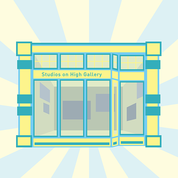 Life at CACD, Studios on High Gallery in the Short North illustration in yellow, blue, and turquoise 