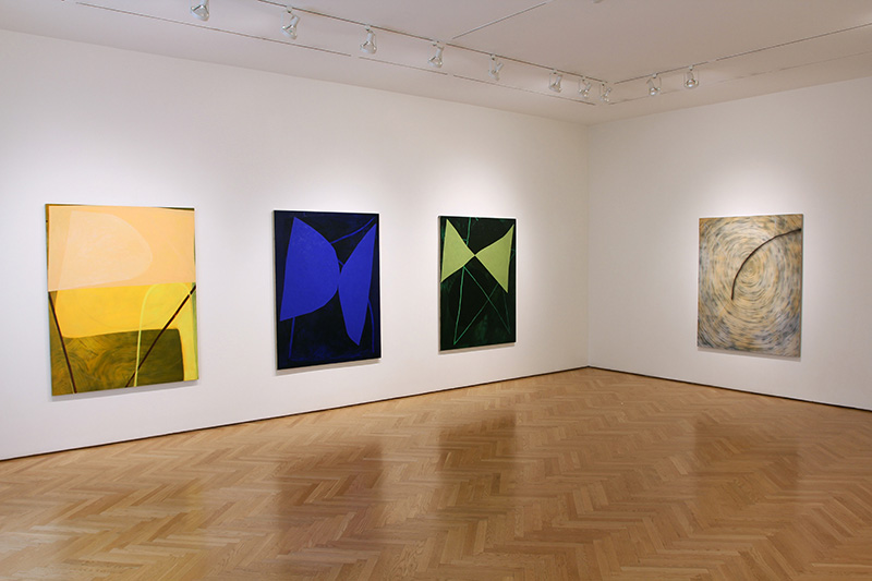 Fine Arts, Four large paintings hanging on a white gallery wall with wooden flooring