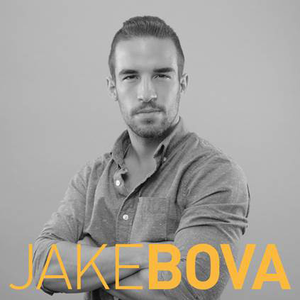 Film & Video, Black and white headshot of Jake with crossed arms staring menacingly at camer, text at bottom reads "Jake Bova"