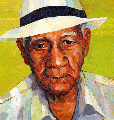 Advertising & Graphic Design, Painting of an older man in a white hat against a lime green background