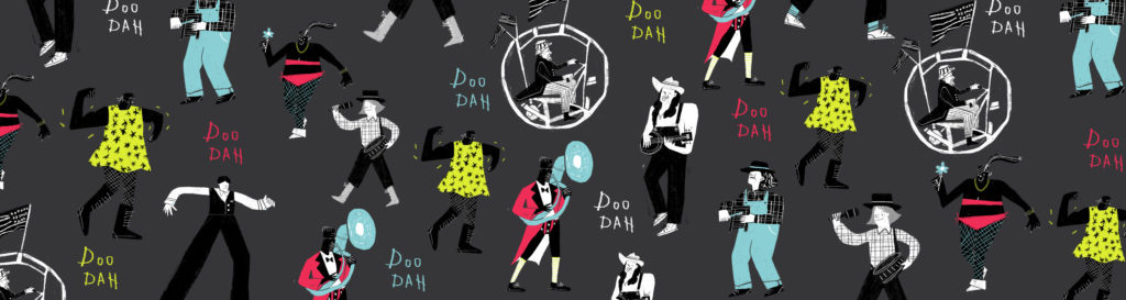 Life at CCAD, illustrated pattern of people playing music and dancing