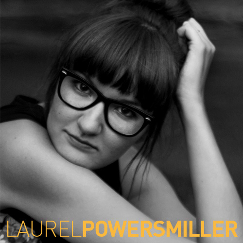 Film & Video, Black and white headshot of Laurel with her head resting on her hand, text in gold at bottom reads "Laurel Powers Miller"