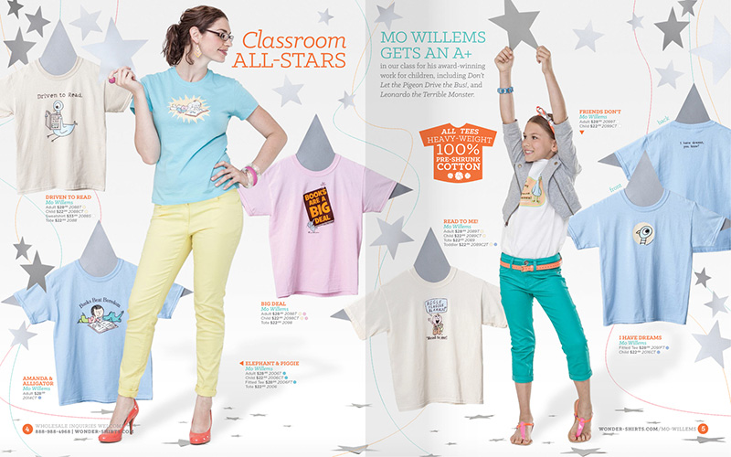 Illustration, Advertising & Graphic Design, Spread from tshirt catalog featuring woman and girl in colorful clothing among tshirts and silver stars