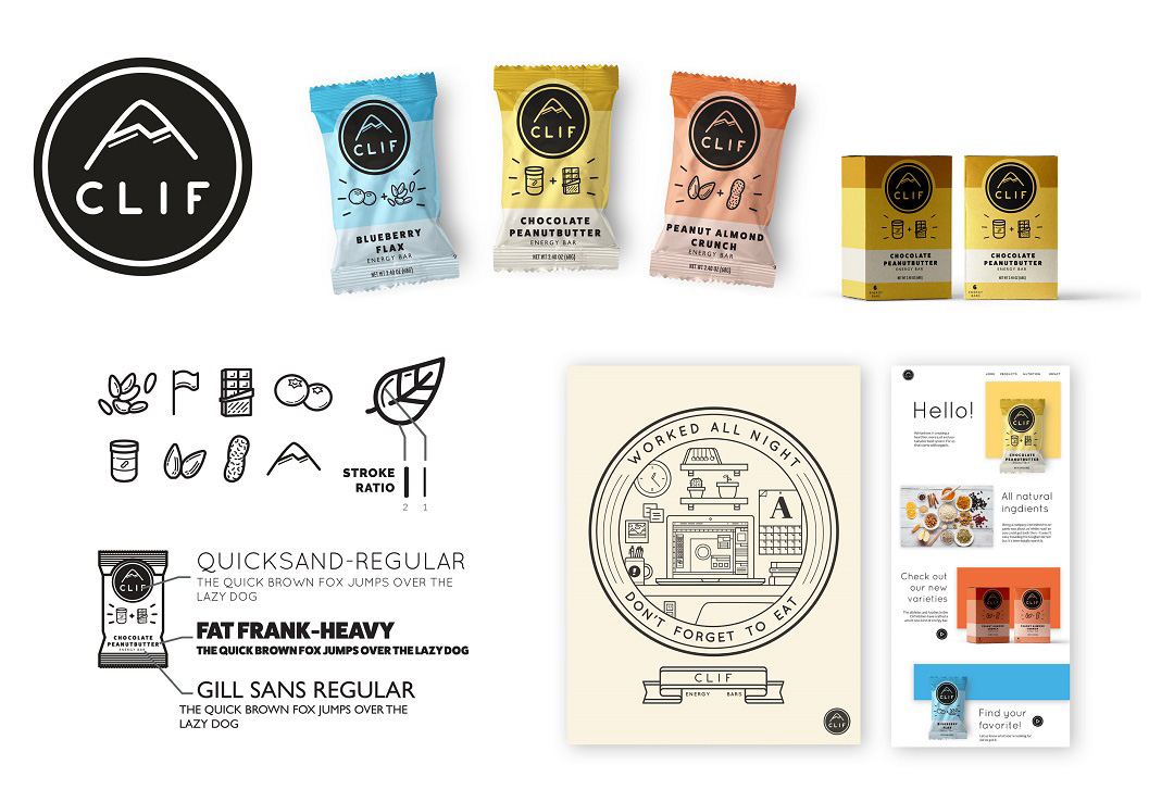 Advertising and Graphic Design, layout of student Lucas Himes ClifBar ads and packaging featuring line work illustrations