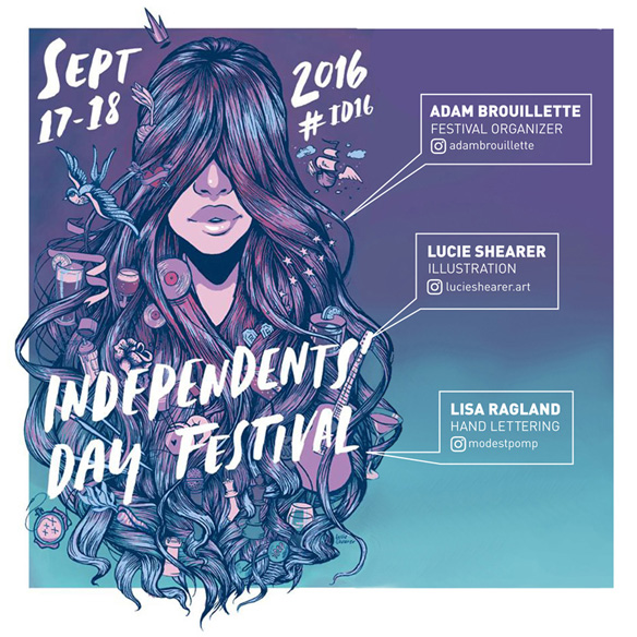 Life at CCAD, Independents Day poster by CCAD alumni featuring blue, purple, and white illustration of woman with long hair, items entangled in hair include guitar, drinks, and chess pieces. White call out text denotes dates and social media information for Independents Day Festival