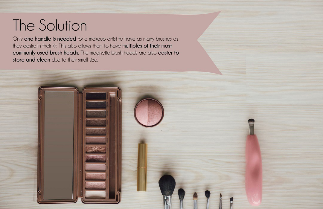 Industrial Design, Presentation slide with information explaining product, image of make up brushes with interchangeable brush heads and pink and brown make up palette on wooden table