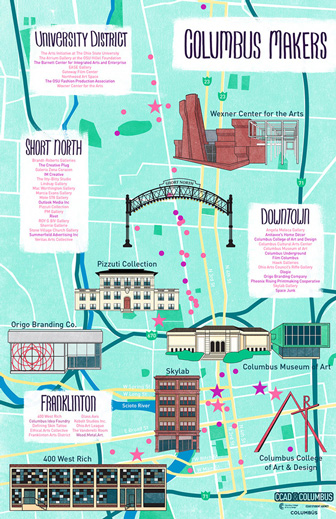 Life at CCAD, Illustrated map of Columbus with text call outs of Landmarks