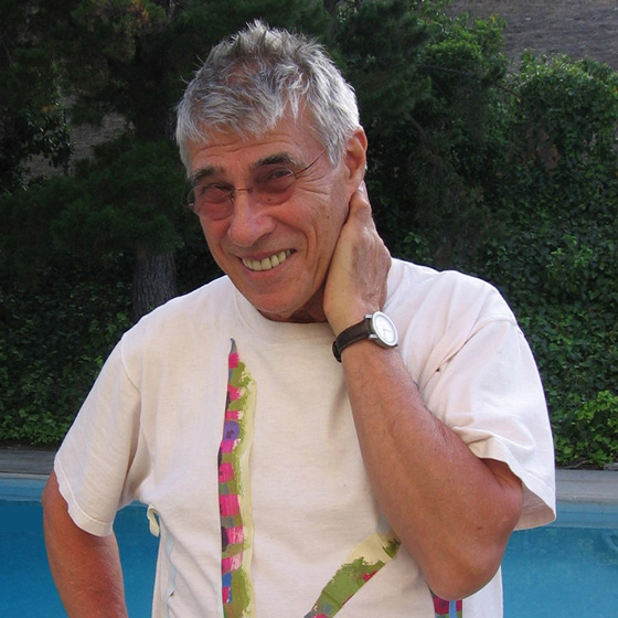 Illustration, Photo of Jerry in white tshirt standing in front of a pool with a backdrop of vegetation