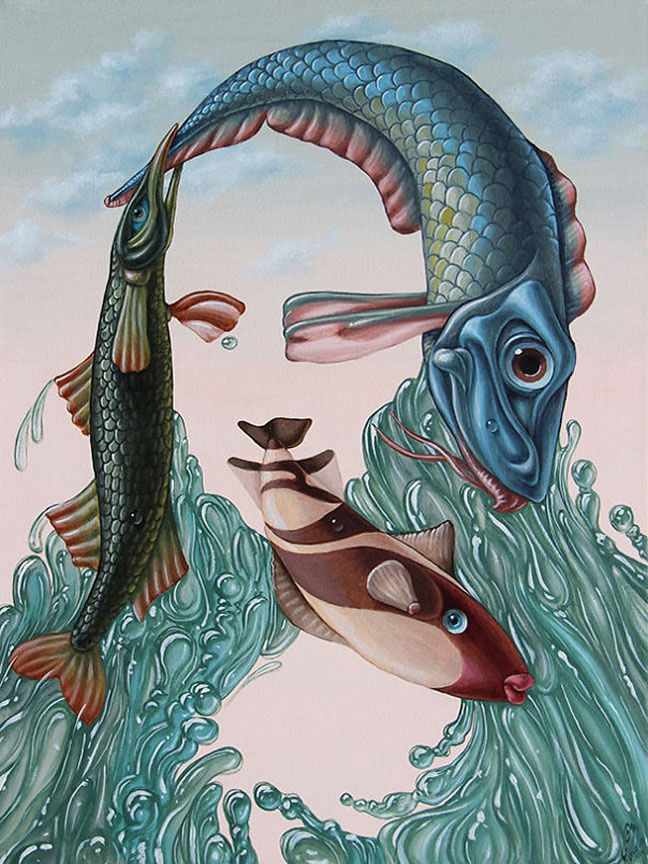 Illustration, Image of abstracted version of Mona Lisa made out of fish and flowing water against a pink and blue sky background 