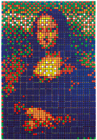 Illustration, Image of abstracted Mona Lisa made of colored red, white, orange, green, and blue blocks