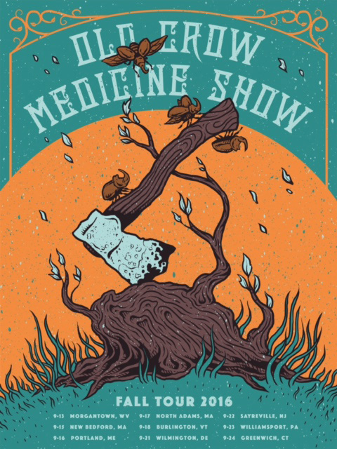 Illustration, Illustrated print of poster for Old Crow Medicine show featuring beetles crawling over rusty axe lodged in tree stump on a grasy knoll