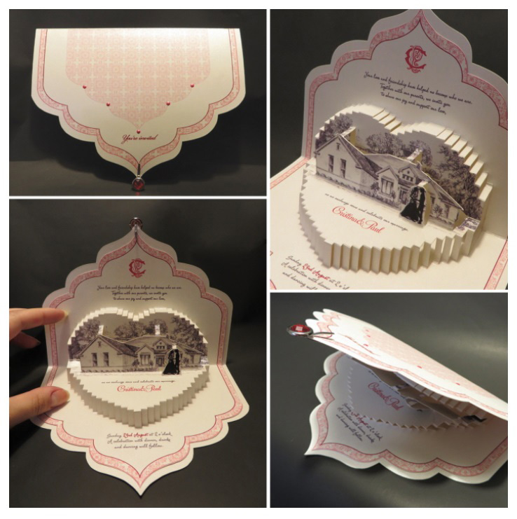 Advertising and Graphic Design, Collage of images of cut paper wedding invitations, cream paper with red and pink accents and raised heart shaped design