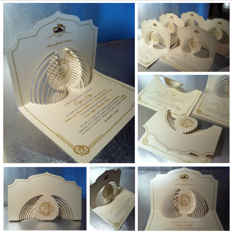 Advertising and Graphic Design, Collage of images of cut paper wedding invitations of cream paper with gold accents