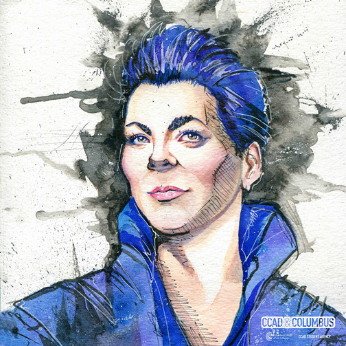 Life at CCAD, Illustration of Peggy Kriha Dye with blue hair and matching blue jacket