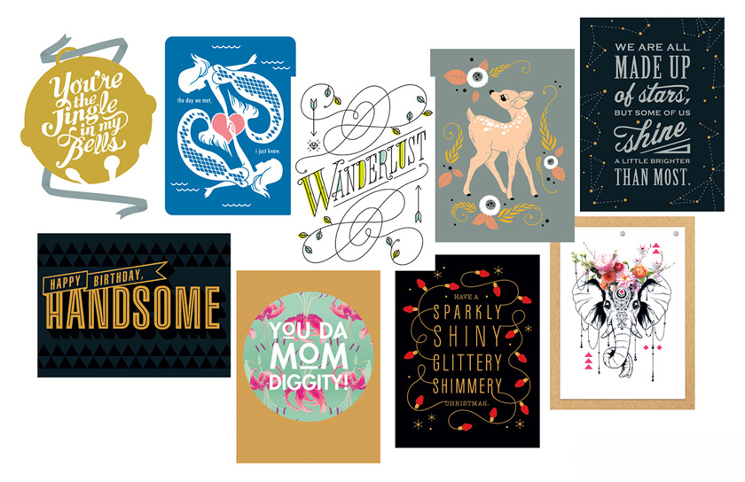 Advertising & Graphic Design, Illustration, collage of overlapping greeting card covers with illustrations and illustrative text