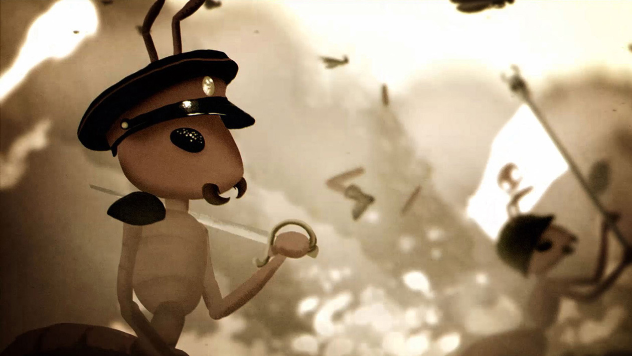 Film & Video, Animation, Still from film produced at Spacejunk, still of animated ant general leading an ant army