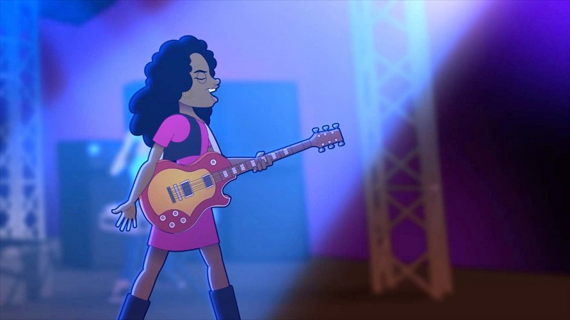 Animation, Still from animated film featuring singer in pink dress on lit up stage singing with red guitar