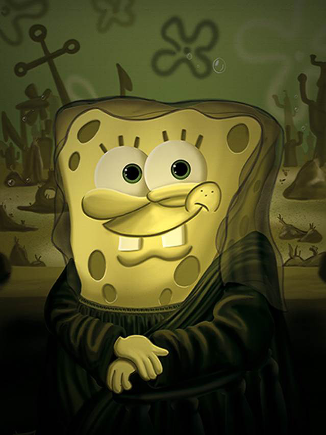 Illustration, Spongebob Squarepants as Mona Lisa, by French artist Marek Dolata in front of background of undersea scenery