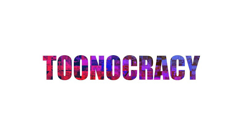 Animation, Red, blue, and purple gradated text logo which reads "Toonocracy".