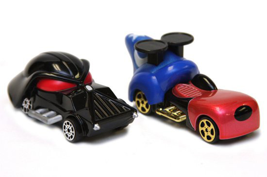 Industrial Design, Image of toy cars inspired by Darth Vader and Mickey Mouse, on a white background