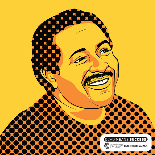 Illustration, Comics and Narrative Practices, Yellow, orange, black and white portrait of Michael Watson in orange and black half tone shirt 