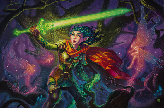 Illustration, Advertising & Graphic Design, Illustration of Elf woman weilding glowing green sword in battle armor surrounded by roots of tree and floating fairies 