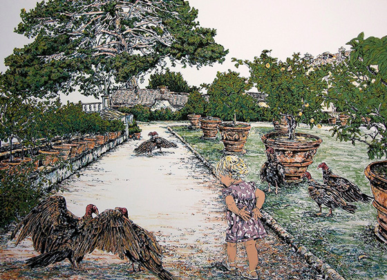 Fine Arts, CCAD Associate Professor Kathy McGhee's Winged Greetings in the Garden print, image of child in dress walking along tree lined path next to turkeys