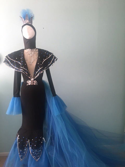 Fashion Design, Recreation of form fitting black and blue dress with shoulder pads and blue train