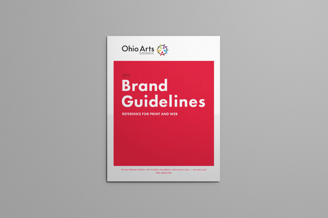 Advertising & Graphic Designs, White and red booklet on a soft gradated gray background, cover reads "Ohio Arts" with logo as well as title which reads "Brand Guidelines".