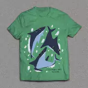 Image of green tee with blue sharks, on a gray background