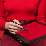 Image of person in red clothing drawing on tablet with red screen.