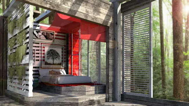 Rendering of treehouse interior including bedroom space